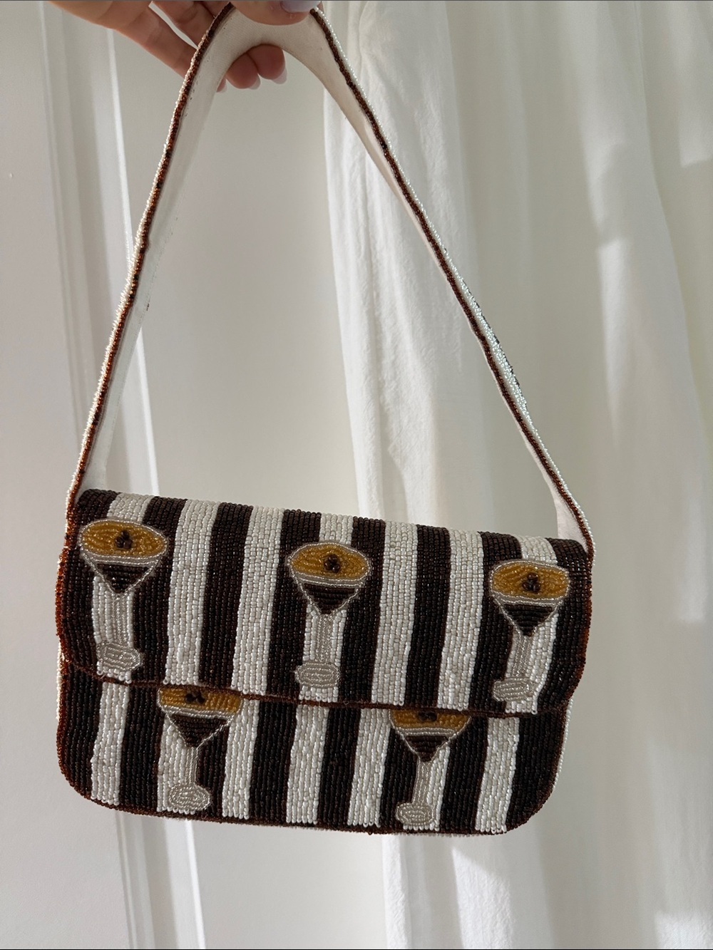 Beaded brown & White espresso martini Stripe Bag